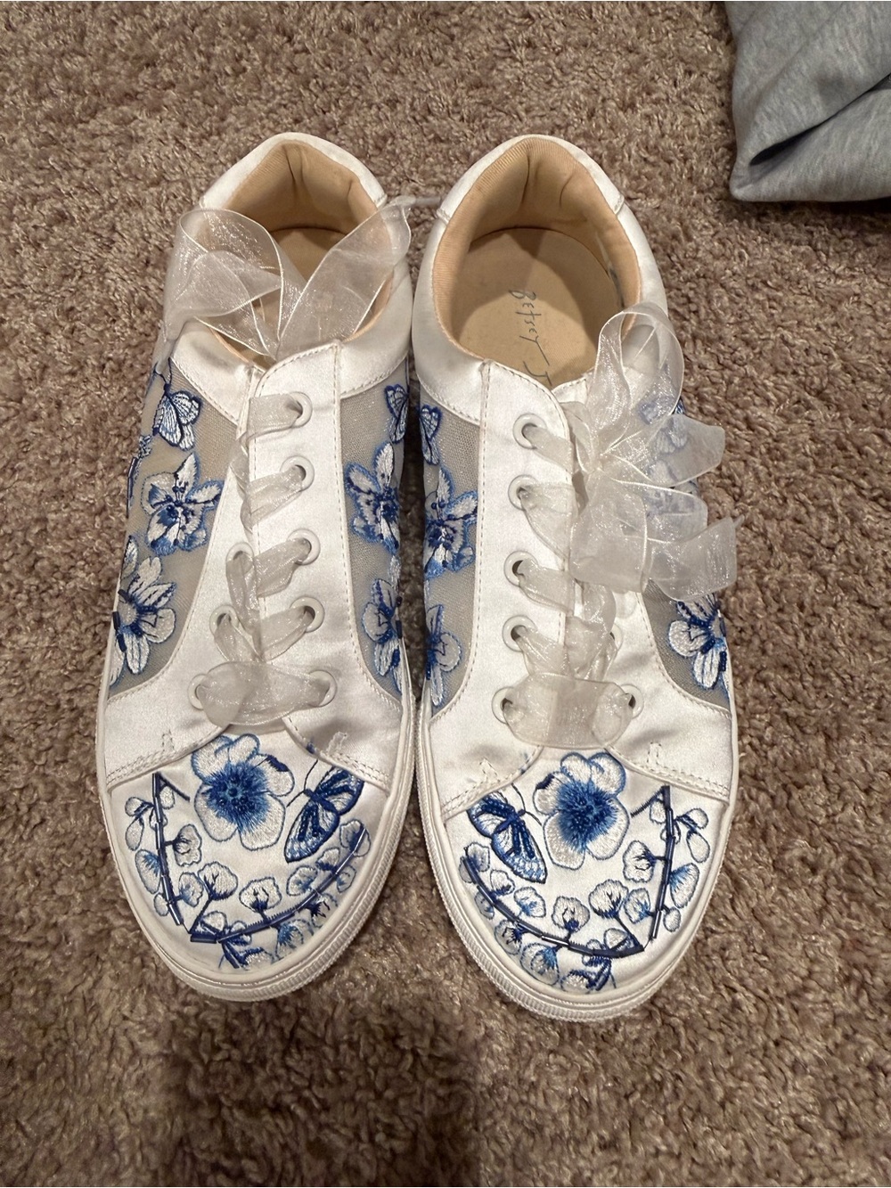 Betsey Johnson White Satin Sneakers with Blue Floral Embroidery